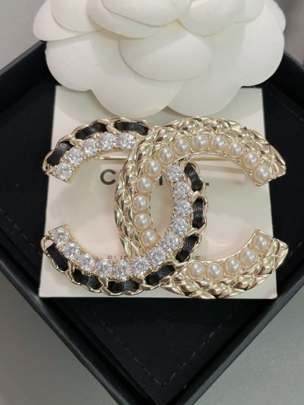 Chanel Elegant Pearl Crystal CC Logo Brooch